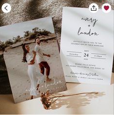 an image of a couple on the beach next to their wedding stationery and save the date card