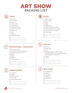 the art show packing list is shown in red, white and black with instructions for each item