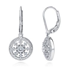 These art deco medallion milgrain dangle earrings burst with glimmering details in a splendid vintage style design.  Crafted with sterling silver, rhodium plated, stamped 925, nickel free. Set with premium quality 0.42 carat total round cubic zirconia in prong setting. Earrings measure 1" in length, 0.45" in width. Leverbacks. Kate Middleton Earrings, Plain Silver Rings, Leverback Earrings, Art Deco Earrings, Fine Jewels, Silver Drop Earrings, Art Deco Jewelry, E Bay, Silver Earrings Dangle