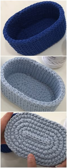 the crocheted basket is being made with yarn