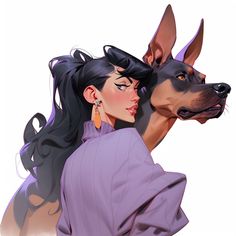 a drawing of a woman hugging a dog's head with her eyes closed and long black hair