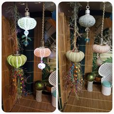 two pictures of different lights hanging from the ceiling and in front of some other decorations