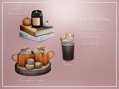 three different types of food and drinks on a pink background with the words pumpkin spice