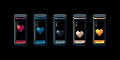 four different screens with hearts on them in pixel style, one is black and the other is blue