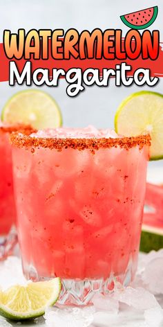 two watermelon margaritas with lime slices on the rim and in front of them