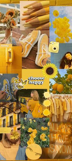 a collage of photos with yellow flowers and sunflowers in the center, along with words that read choose happy