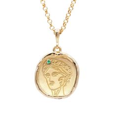 Gaia 18k gold coin medallion necklace with emerald, inspired by greek mythology. Ethically sourced and sustainably crafted; 3% of profits go to the Animal Welfare Institute. Goddess Of Motherhood, Common Era, Gaia Goddess, Earth Necklace, Cosmic Egg, Goddess Necklace, Gold Coin Necklace, Coin Pendant Necklace, Medallion Necklace