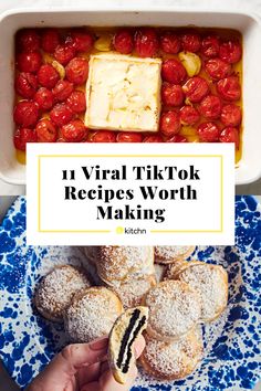 a blue and white plate topped with cookies covered in powdered sugar next to a bowl of strawberries