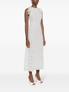 This Alessandra Rich maxi dress is crafted from silk georgette crepe with a polka-dot pattern and flocking detail. It features a round neck, sleeveless design, ruffled detailing, seam detailing, and a full lining. The dress has a long length, straight hem, and a concealed rear hook and zip fastening. Fitted Silk Polka Dot Dress, Fitted Polka Dot Ruffled Maxi Dress, Fitted Polka Dot Maxi Dress With Ruffles, Polka Dot Midi Dress For Summer Formal, Formal Polka Dot Midi Dress For Summer, Spring Silk Polka Dot Dress, Silk Polka Dot Spring Dress, Elegant Polka Dot Silk Dress, Silk Polka Dot Dress For Spring