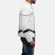 Mens Roboguy White Leather Jacket 3 Fitted White Leather Outerwear, White Fitted Leather Outerwear, Leather Jacket For Men, White Leather Jacket, Power Ranger, Jacket For Men, Leather Jacket Men, Sling Backpack, White Leather