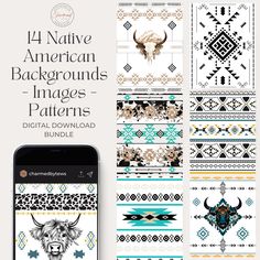 the native american background patterns bundle is shown with an iphone and other items on it