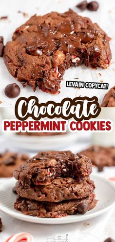 chocolate peppermint cookies stacked on top of each other with the title overlay