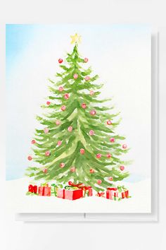 a watercolor painting of a christmas tree with presents under it and a star on top