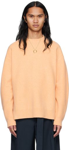 Knit wool- and viscose-blend sweater. · Rib knit crewneck, hem, and cuffs · Droptail hem · Slits at side seams · Dropped shoulders Supplier color: Off white/Orange Knitwear Men, Knit Crewneck, Jil Sander, Sanders, Apparel Accessories, Rib Knit, Shirts Tops, Knitted Sweaters, Knitwear