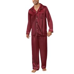 PRICES MAY VARY. ❤Soft and Silky Material: This luxurious and skin-friendly mens pajama sets made of lightweight silk satin provides ultimate comfort whenever in use. The fabric is very soft and smooth feel with a tad of stretch. The pajama sets have tight seams, no loose threads or buttons, and the piping detail along the collar, pockets, cuffs and ankles is a beautiful touch. ❤Classic Design: Men's long-sleeved top with button-down, classic notch lapel + V-neck, and a pocket on the left breast Men Shiny Satin Pajama, Men Satin Pajamas, Silk Pajamas For Men, Mens Silk Pajamas Luxury, Mens Silk Pajamas Red, Men Sleepwear, Pajamas For Men, Silk Pajamas Set, Mens Silk Pajamas