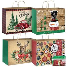 three christmas bags with different designs on them