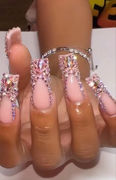 Elegant Birthday Nail Designs, Black French Tip Nails Square With Rhinestones, Vacation Bling Nails, Bling Acrylic Nails Birthday, Blinged French Tip Nails, Nails For Sweet 16, 17th Birthday Nails Acrylic, Birthday Bling Nails, Bling Birthday Nails