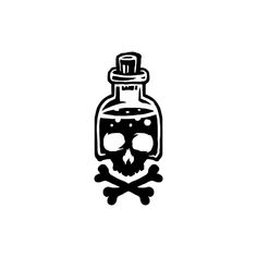 a bottle with a skull inside and bones in the bottom, on a white background