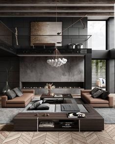 modern living room with black walls and wood flooring, large sectional couches and coffee table