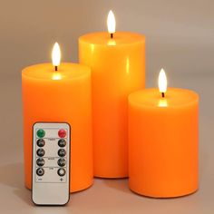 Eywamage Orange Flameless Pillar Candles with Remote, Flickering Real Wax LED Battery Candles Set of 3 Led Taper Candles, Ivory Pillar Candles, Fake Candles, Battery Candles, Orange Candle, Led Pillar Candle, Led Tea Lights, Battery Operated Candles, Flameless Candles