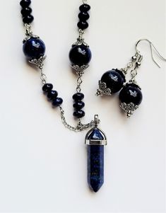 Lapis Lazuli Crystal Necklace, Dark Blue Stone Jewelry Set, Lapis Lazuli Pendant, Natural Dark Blue Stone Necklace, Lapis Lazuli Jewelry - Etsy Lapis Lazuli Jewelry With Faceted Beads, Healing Lapis Lazuli Jewelry With Faceted Beads, Spiritual Lapis Lazuli Jewelry With Faceted Beads, Sapphire Jewelry With 8mm Beads As Gift, Blue Polished Beads Spiritual Crystal Necklace, Blue Spiritual Crystal Necklace With Faceted Beads, Blue Spiritual Crystal Necklace With Polished Beads, Spiritual Blue Crystal Necklace With Polished Beads, Handmade Spiritual Blue Crystals