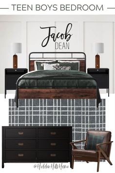 Boys bedroom decor with dark green and brown tones Guest Bedroom Masculine, Teen Age Boys Room Ideas, Teen Bedroom Mood Board, Masculine Bedroom Mood Board, Vintage Teen Boy Bedroom, College Boys Bedroom Ideas, Teenage Boys Bedroom Ideas Modern, Athletic Bedroom, Cool Teen Boy Room