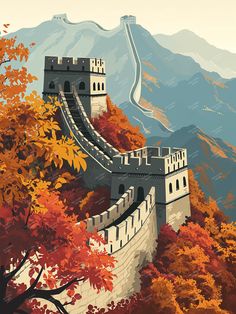 an image of a painting of a great wall in the fall season with leaves on it