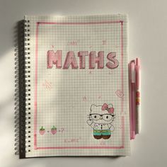 a notebook with the word maths written on it and a hello kitty sticker