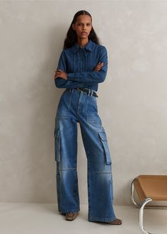 Baggy Cargo Denim Pant | ME+EM Frill Shirt, Ankle Sleeve, Blue Colour Palette, Fabric Tape, Plaits, Now And Forever, Denim Pant, Blue Jean, Classic Blue