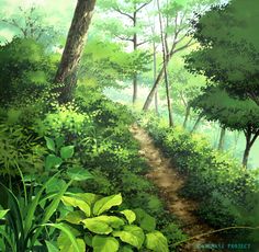 a painting of a path in the woods with lots of green plants and trees on either side