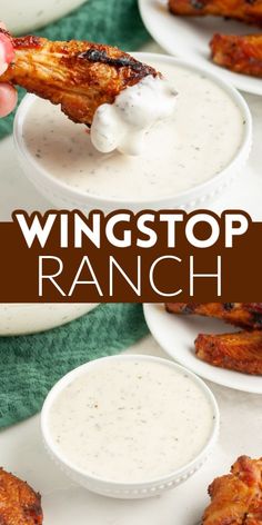 the wings are being dipped with ranch sauce and served in small white bowls on plates