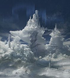 an image of a castle in the sky with clouds and buildings on it's sides