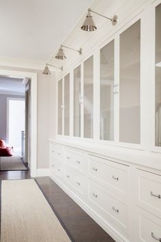 a white room with lots of glass doors and drawers on the wall, along with an area rug