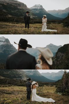 the bride and groom are standing in front of mountains