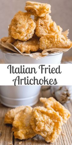 some fried artichokes are sitting in a bowl