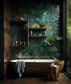 a bath tub sitting next to a wooden shelf filled with potted plants and candles