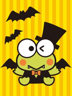 a green frog wearing a top hat and bow tie with bats flying around it's neck