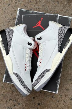 Retro Sneakers Outfit, White Cement Reimagined, Jordan 3 White Cement, Jordan 3s, Nike Air Jordan Shoes, White Cement, Black Cement