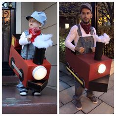 two pictures of a child dressed up as thomas the train