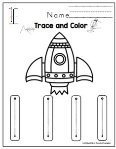 trace and color worksheet with a rocket ship on the bottom, in black and white