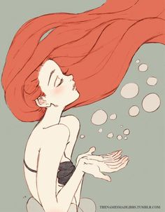 a drawing of a woman with long red hair sitting on the ground and blowing bubbles