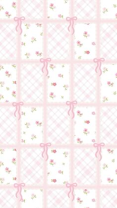 a pink and white checkered wallpaper with roses on the bottom, ribbons in the middle