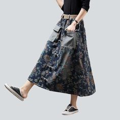 Introducing the 2023 Spring-Summer Collection's cargo jeans skirt with flowers a fresh take on urban flair that is sure to make you stand out! This tall-waisted. long. and painted piece is the perfect blend of contemporary trendy and nostalgic grunge. with a unique distressed pattern and rubber closure for maximum comfort and style.Why It's A Must-Have Grunge Vibes: Embrace the '90s vibe without compromising on sophistication. Distinctive Design: The unique distressed pattern and rubber closure High-waisted Denim Blue Cargo Skirt For Spring, High Waist Denim Blue Cargo Skirt For Spring, Trendy Blue Cargo Skirt For Spring, Bohemian Bottoms With Side Pockets For Spring, Spring Bohemian Bottoms With Side Pockets, Denim Cargo Skirt For Spring, Denim Blue Cargo Skirt For Spring, Baggy Cotton Denim Skirt For Spring, Blue Denim Cargo Skirt For Spring