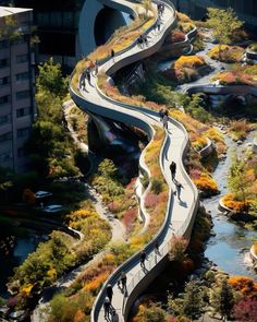 an aerial view of people riding bikes on a curved road with colorful trees and shrubs