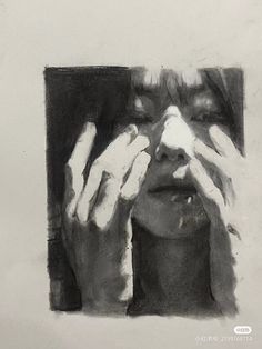 a black and white drawing of a woman covering her eyes