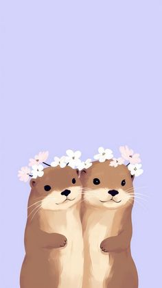 two otters with flowers on their heads are standing in front of a blue background