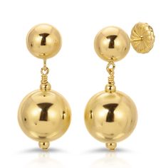 "Double gold ball earrings measuring at just under 1 ¼\". very lightweight and versatile. 12mm Gold filled ball wire wrapped and hanging from a 8mm ball stud.  Water-safe | Tarnish-free | Hypoallergenic. Contains 5% Gold by weight. Proudly made in USA🇺🇸 using only US made 14KT Gold filled. *14KT Gold filled" Hypoallergenic Yellow Gold Round Bead Earrings, Gold Earrings With 14k Round Beads, 14k Gold Earrings With Round Beads, Gold Ball Earrings, Ball Drop Earrings, Ball Drop, Ball Earrings, 14kt Gold, Palermo