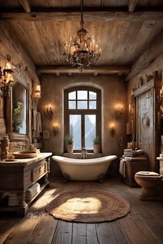 an old fashioned bathroom with a tub and chandelier in the middle of it