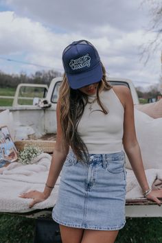 charlie southern: cool it cowboy trucker hat - blue – Riffraff Trucker Hat Photoshoot, Cool It Cowboy, Hat Photoshoot, Active Sets, Pink Trucker Hat, Tomboy Look, Keep It Cool, Girls Club, Shoes With Jeans