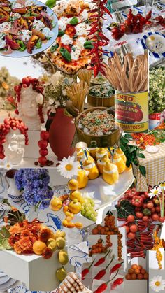 a collage of pictures with different foods and flowers on them, including apples, grapes, strawberries, oranges, lemons, cherries, pineapples